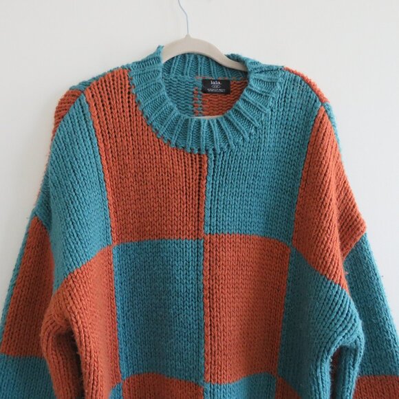DRESSED IN LALA Rue Oversized Checkered Knit Sweater in Rust Blue - Size S/M - Picture 3 of 13
